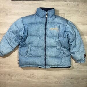 Karl Kani Sculptured Denim Puffer Jacket Mens XL Blue‎ Embroidered Kani 23 Logo